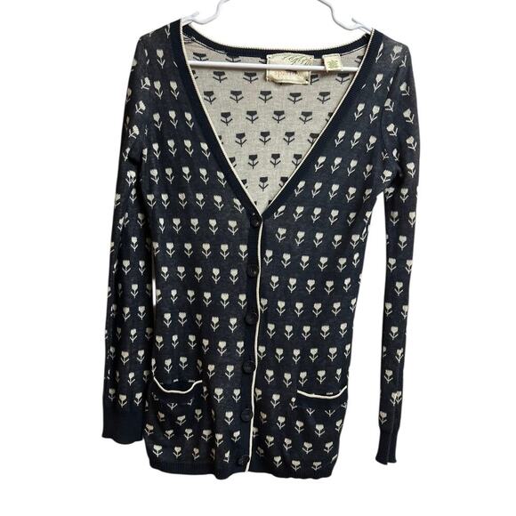 Anthropologie Sparrow Navy Cream Tulip Button Down Cardigan Lightweight XS - Picture 1 of 7